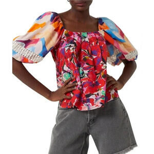 French Connection Isadora Poplin‎ Blouse Smal Tropical Floral Pink Coral Top NWT